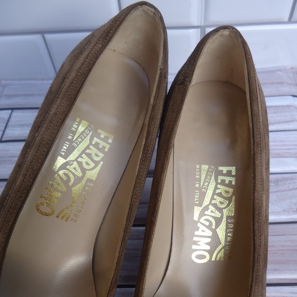 SIZE 6.5 B. Salvatore Ferragamo brown suede leather slip on heels. - Picture 11 of 16